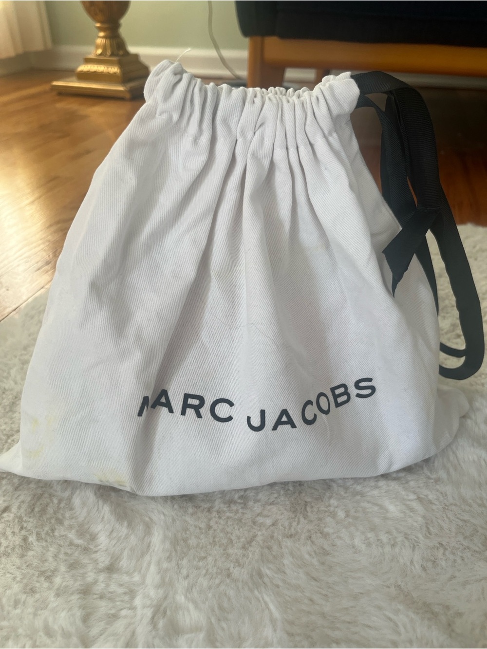 Marc Jacobs White Cotton Drawstring Pouch with Black Ribbon Accent